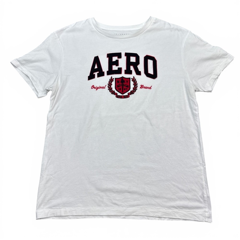 AERO Aeropostale Y2K T Shirt Mens‎ Size Medium White Red Stitched Logo Crew